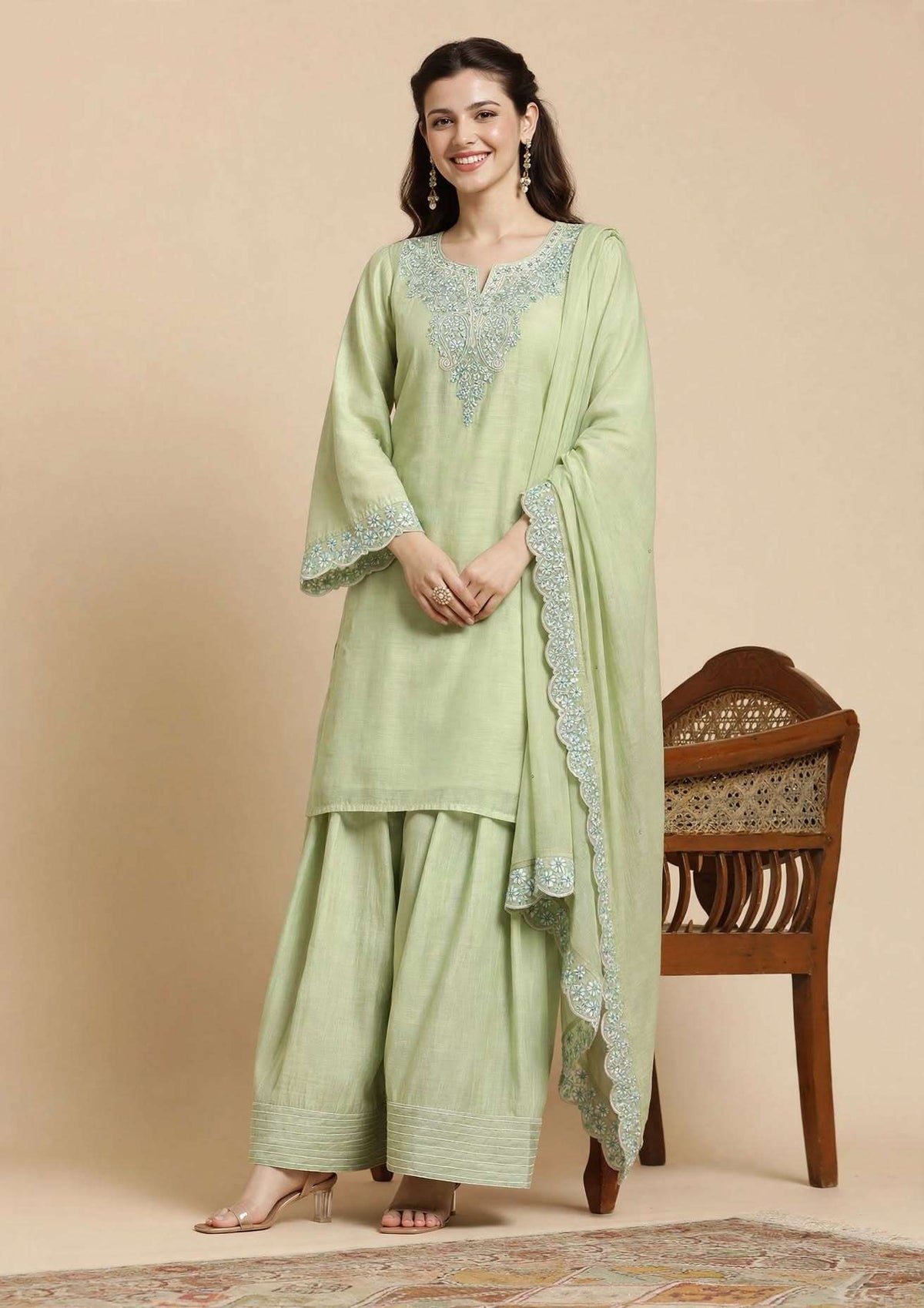 Light Green Embroidered Mul Chanderi Kurta and Pant with Dupatta