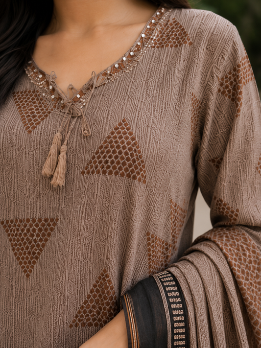 Taupe and Black Printed Cotton Blend Kurta and Pant with Dupatta