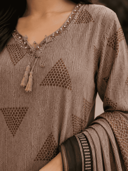 Taupe and Black Printed Cotton Blend Kurta and Pant with Dupatta