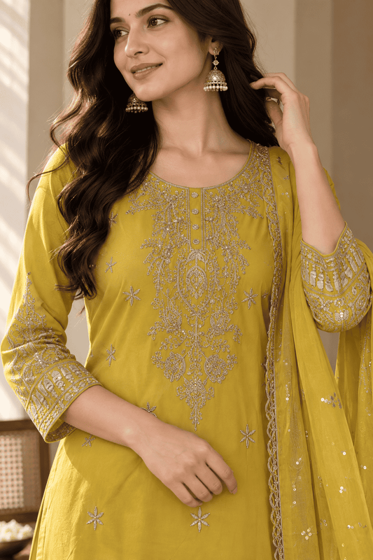 Yellow Silk Blend Embroidered Kurta and Palazzo with Dupatta