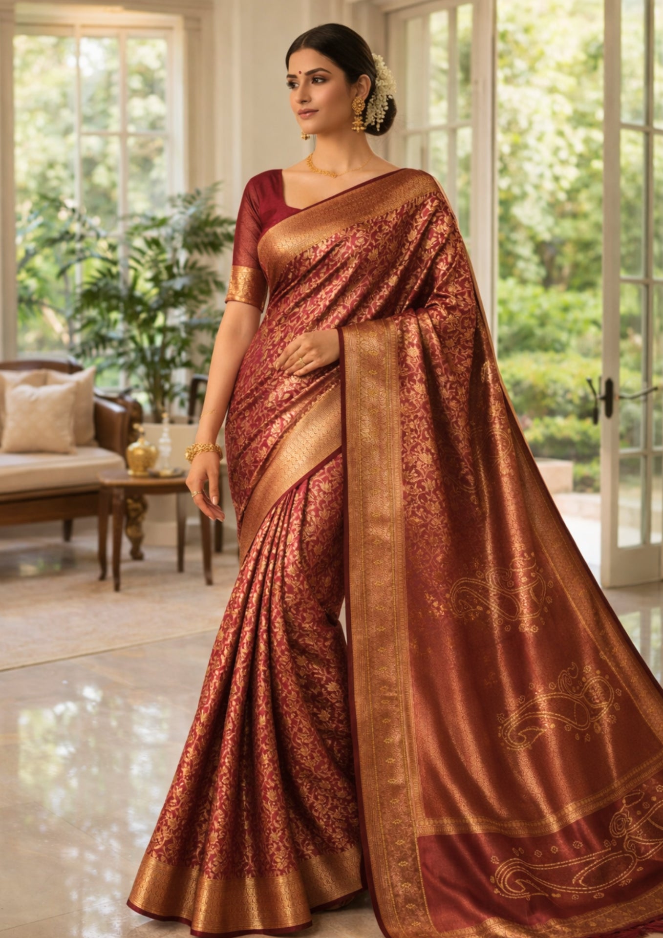 Rich Maroon With Intricate Gold Zari Floral Work Banarasi Silk Saree