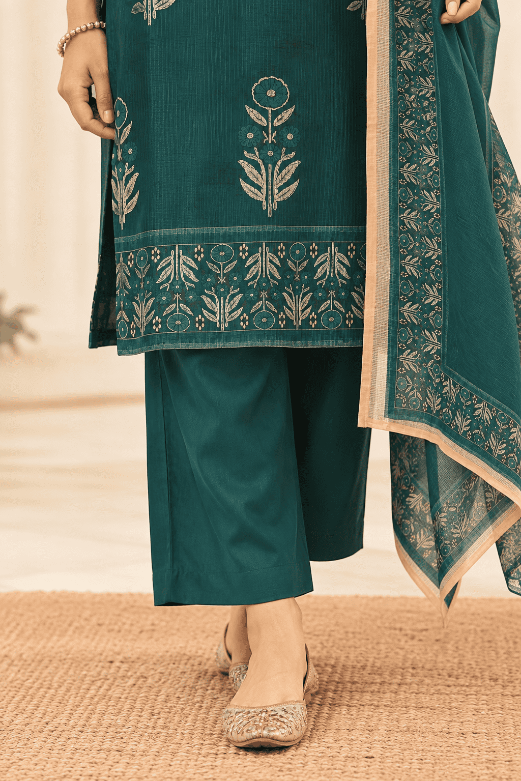 Peacock Green Printed Kota Doria Cotton Kurta Pant and Dupatta