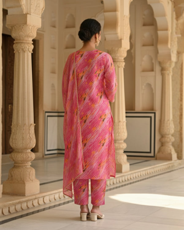 Pink Leheriya Pattern Cotton Suit Set With Dupatta