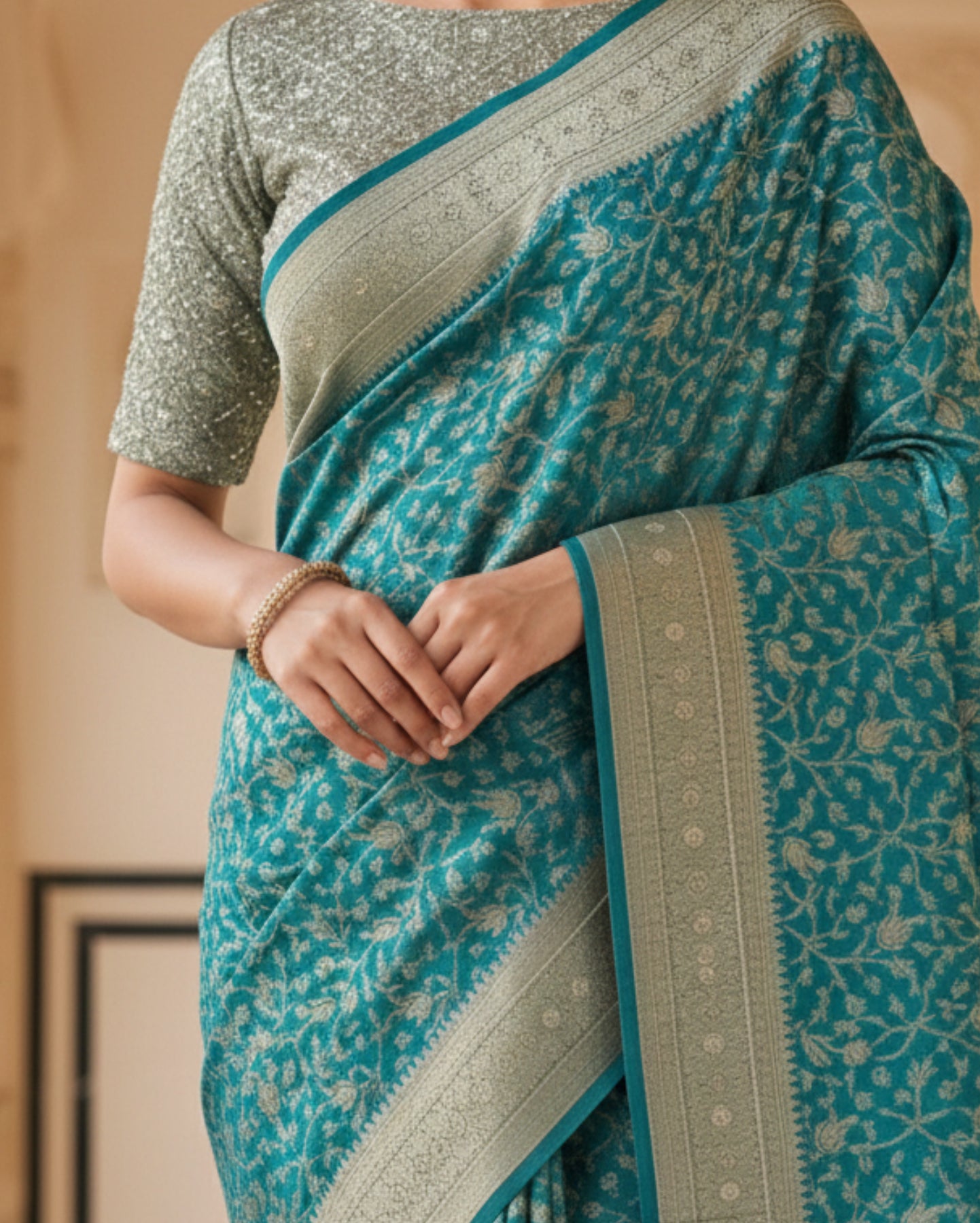 Sea-Green With Detailed Gold Zari Work Banarasi Silk Saree