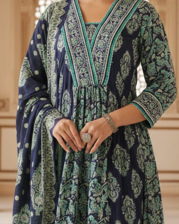 Navy Blue Sangneri Print Cotton Lawn Suit Set With a Coordinated Dupatta