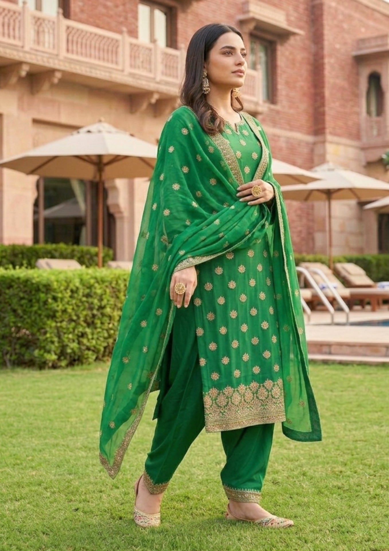 Unstitched Green Shimmer Silk-Blend Embroidered Suit Material