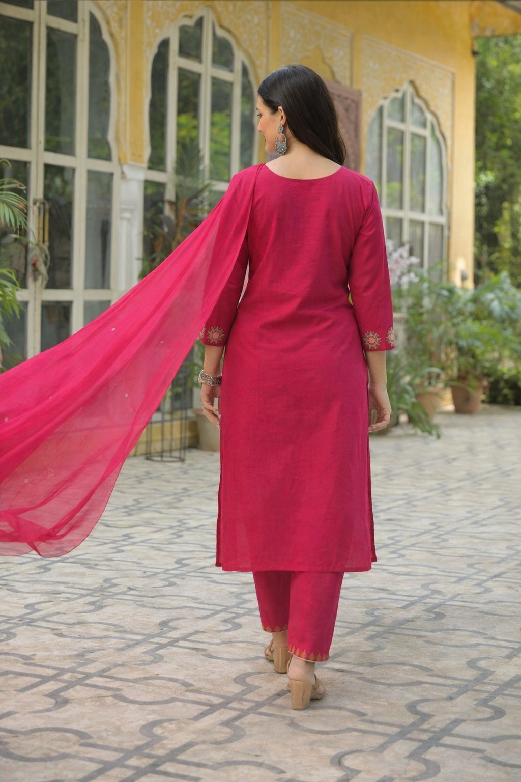 Rani Pink Cotton Embroidered Kurta Set With Dupatta