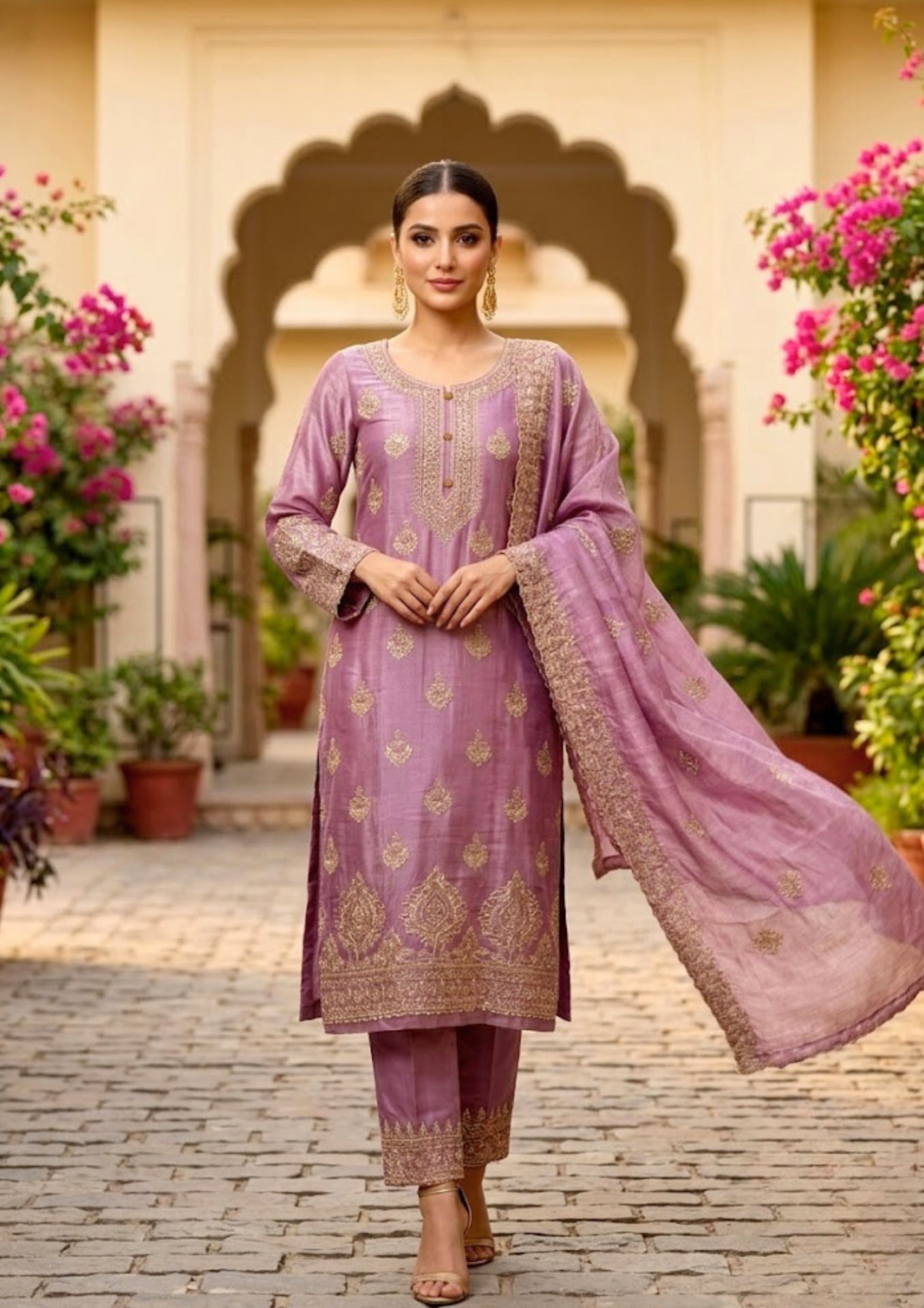 Purple-Lavender Semi Stitched Shimmer Tissue Suit Set With Dupatta With Embroidery