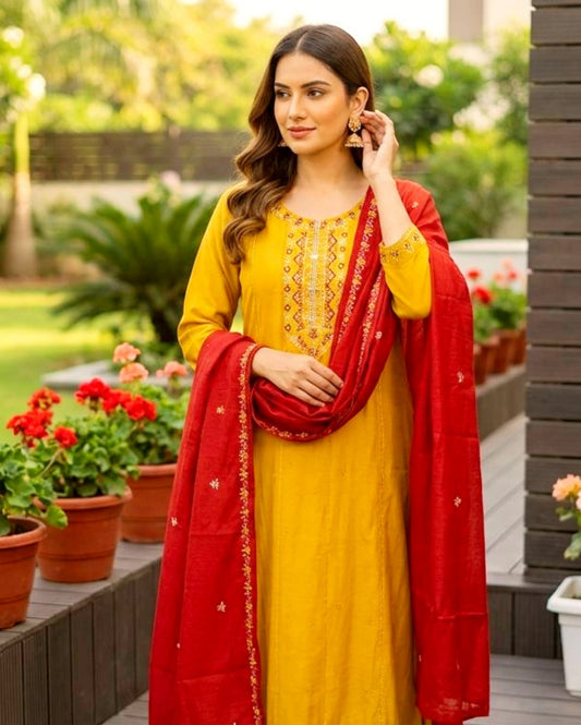 Mustard Cotton Mix Embroidered Kurta Set With Maroon Dupatta