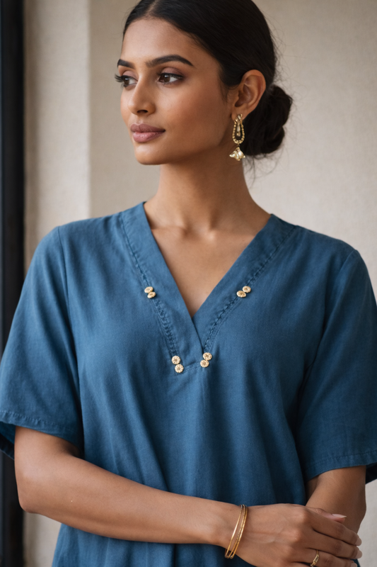 Blue Cotton Kurta with Printed Palazzo Set