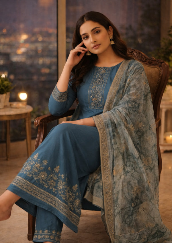 Dark Blue Cotton Blend Kurta Pant With Floral Printed Dupatta