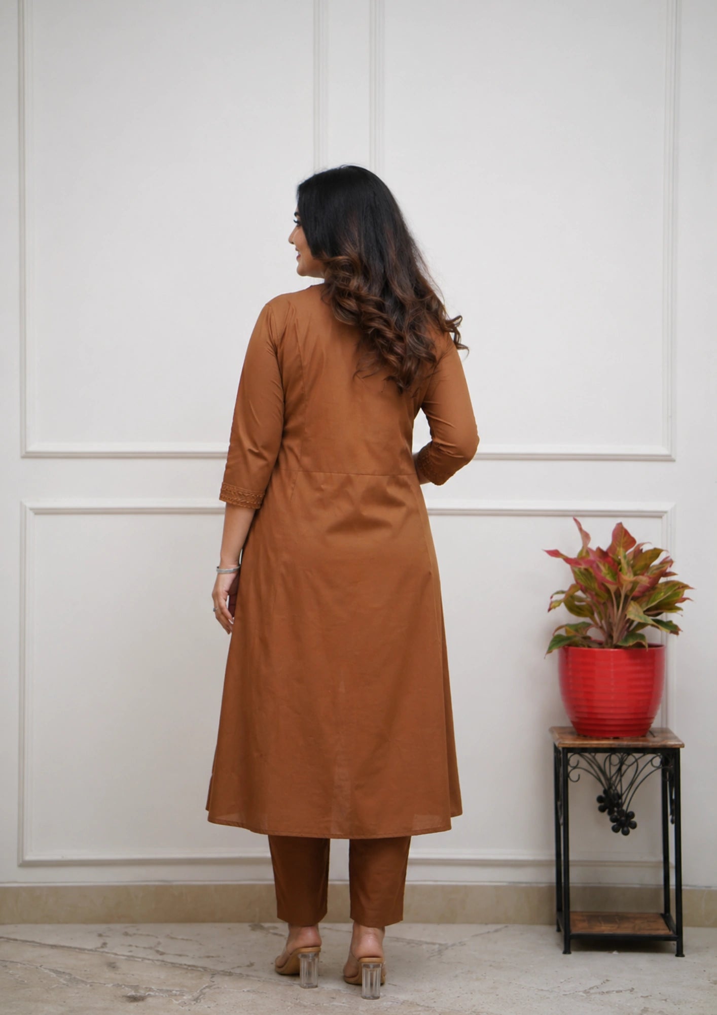 Brown Cotton blend angrakha style kurta with straight pant