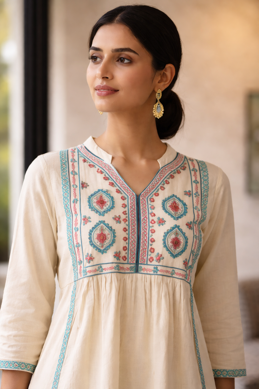Off-White Cotton Embroidered Kurta with Wrap Around Palazzo Set