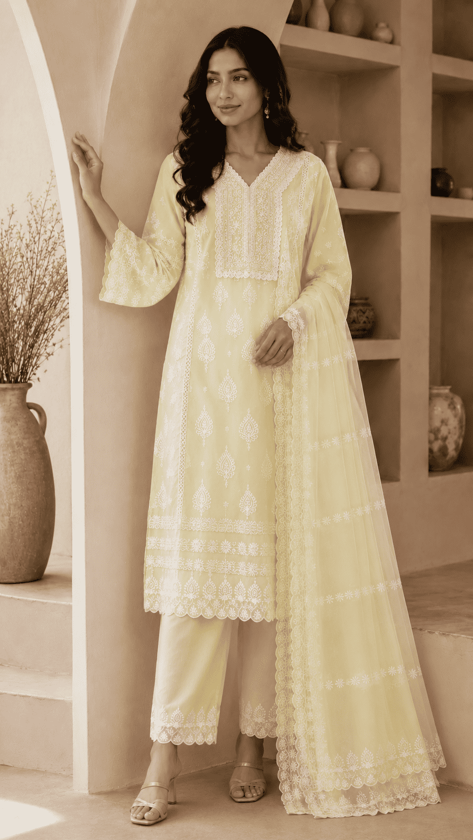 Off-White Chikankari Embroidered Mul Cotton Kurta Pant With Dupatta