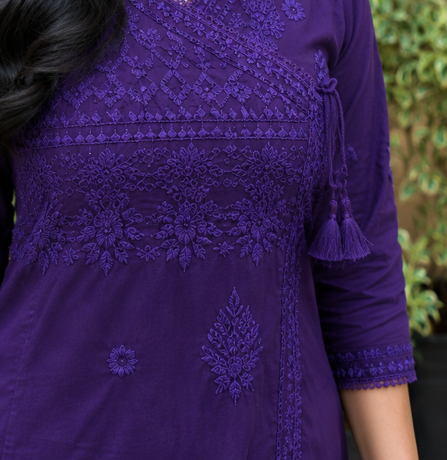 Purple Cotton Blend Angrakha Style Chikankari Kurta With Pant