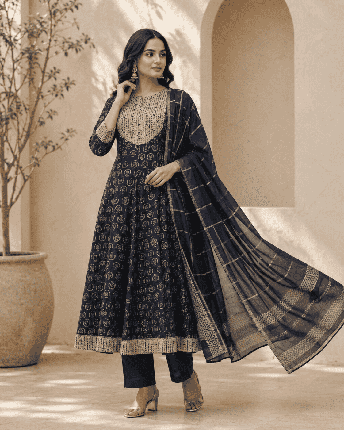 Navy Blue Printed Cotton Kurta Set With Matching Dupatta