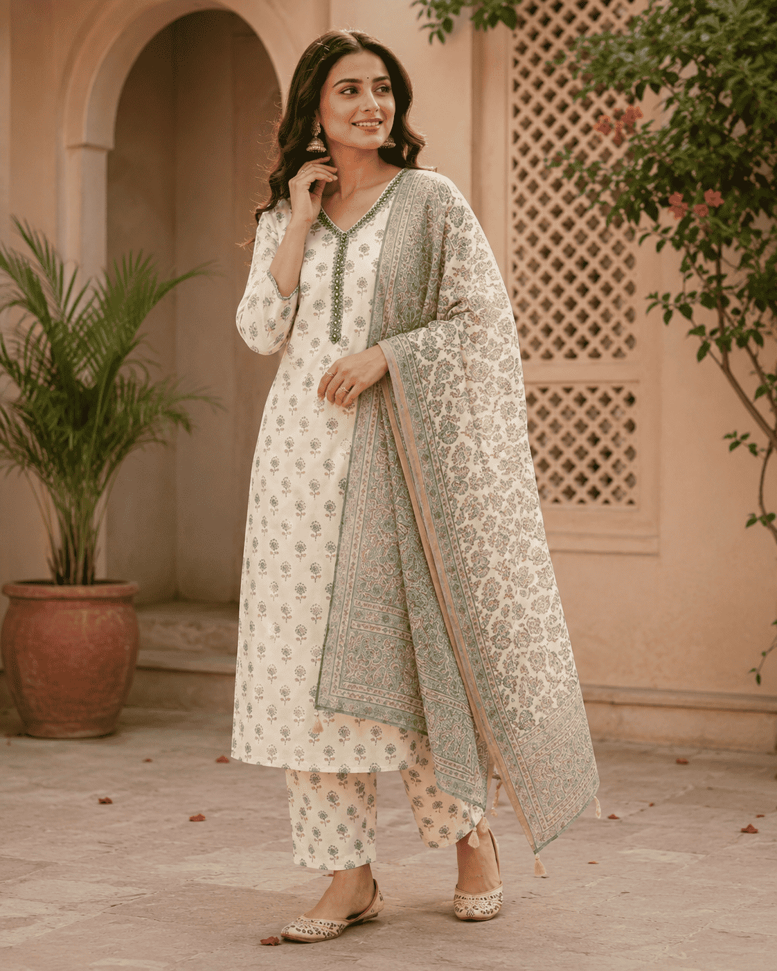 Ivory Cotton Kurta Set With Teal Bagru Print Paired With The Dupatta