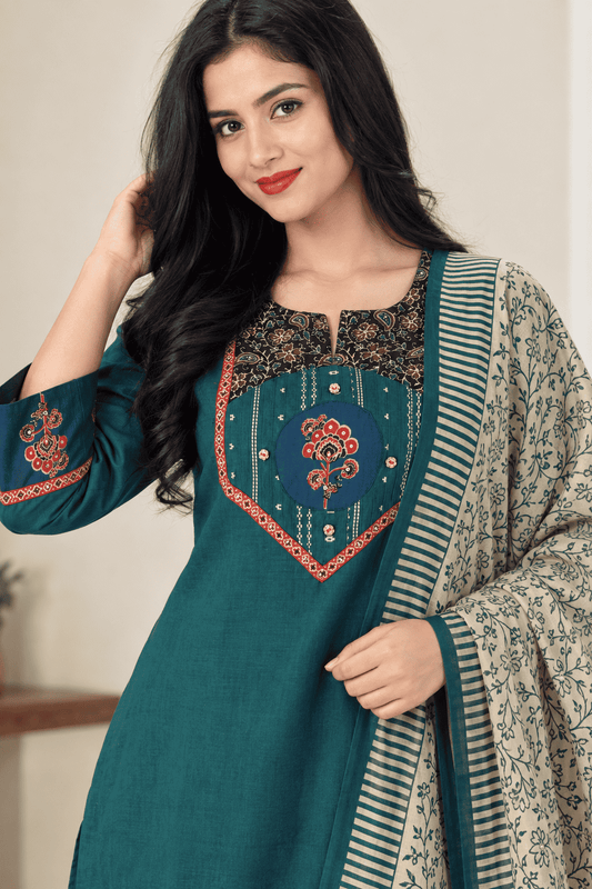 Blue Handloom Cotton Kurta and Pant With Dupatta