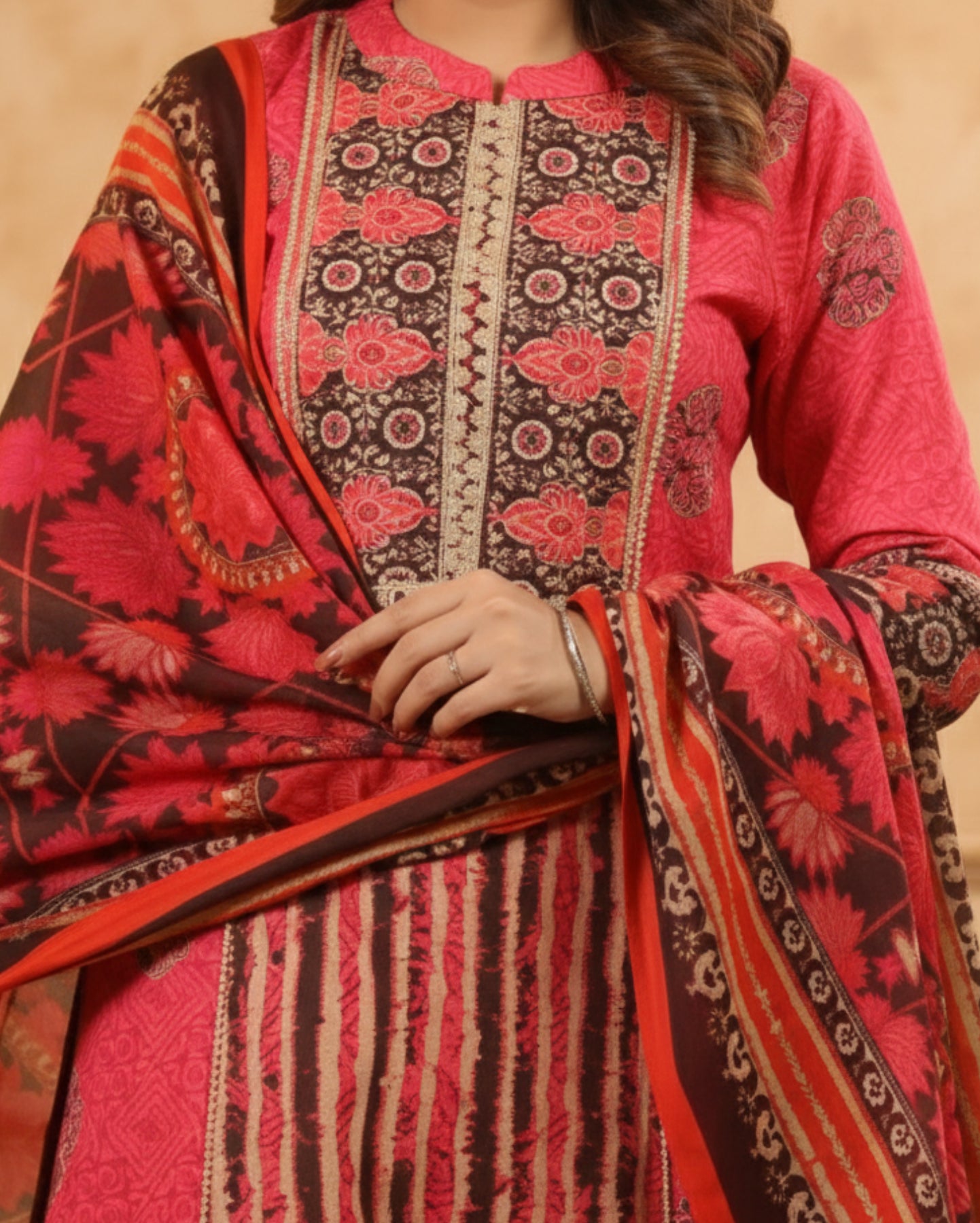 Vibrant Pink Cotton Floral Printed Suit Set Paired With Bagru Printed Lightweight Dupatta