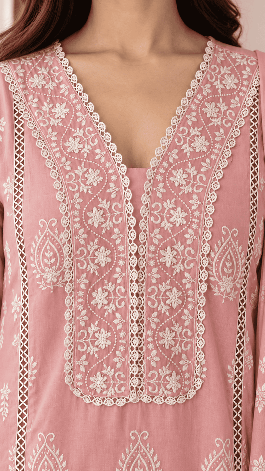 Pink Chikankari Embroidered Mul Cotton Kurta Pant With Dupatta