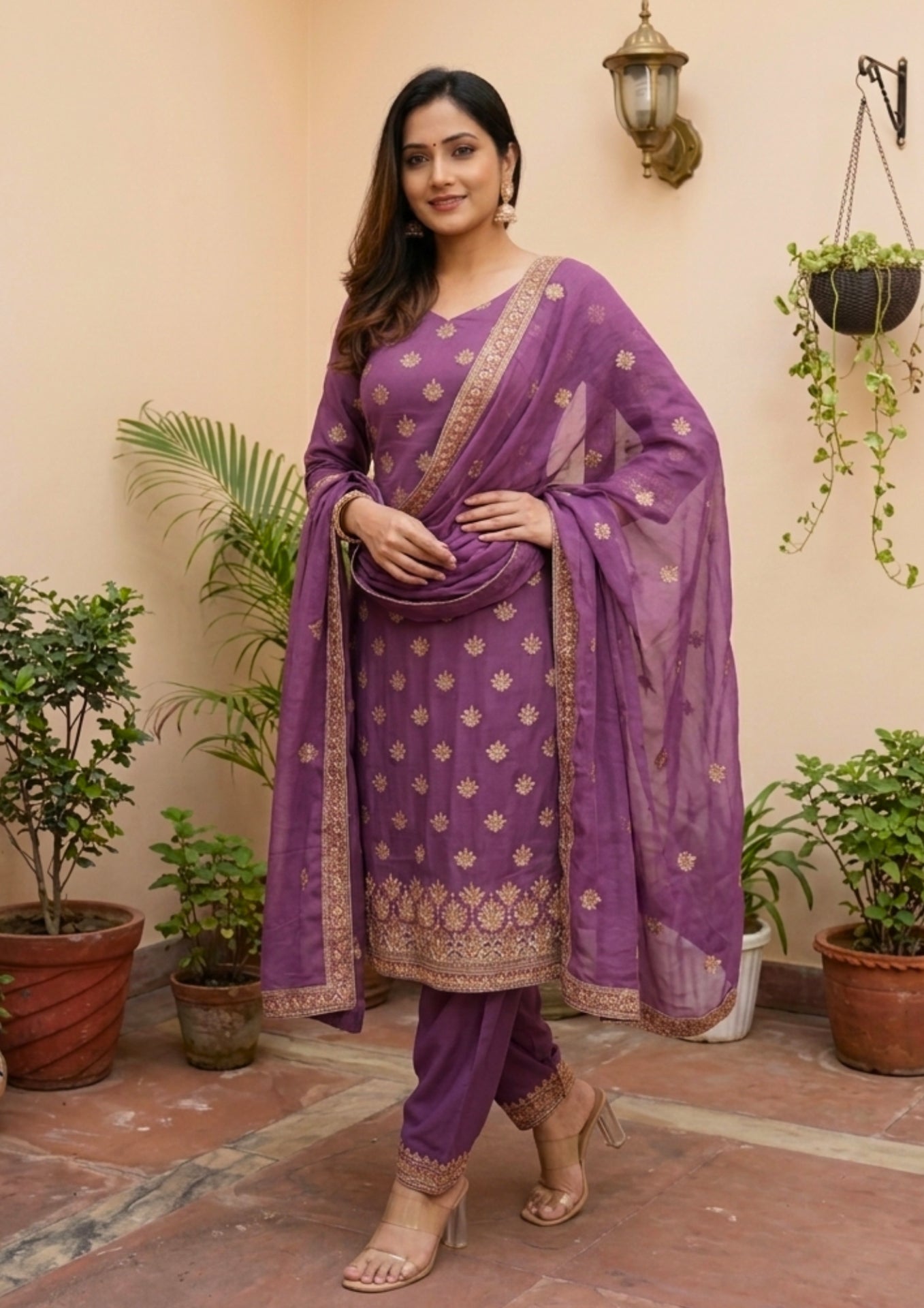 Unstitched Plum Shimmer Silk-Blend Embroidered Suit Material