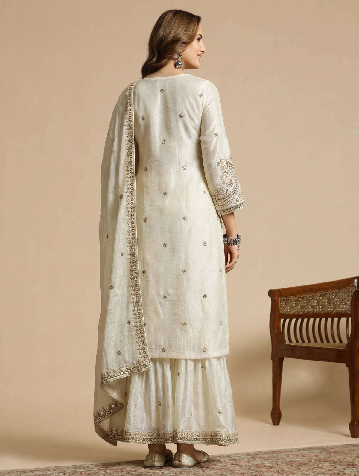 Ivory Embroidered Chinon Kurta Gharara and Dupatta Set