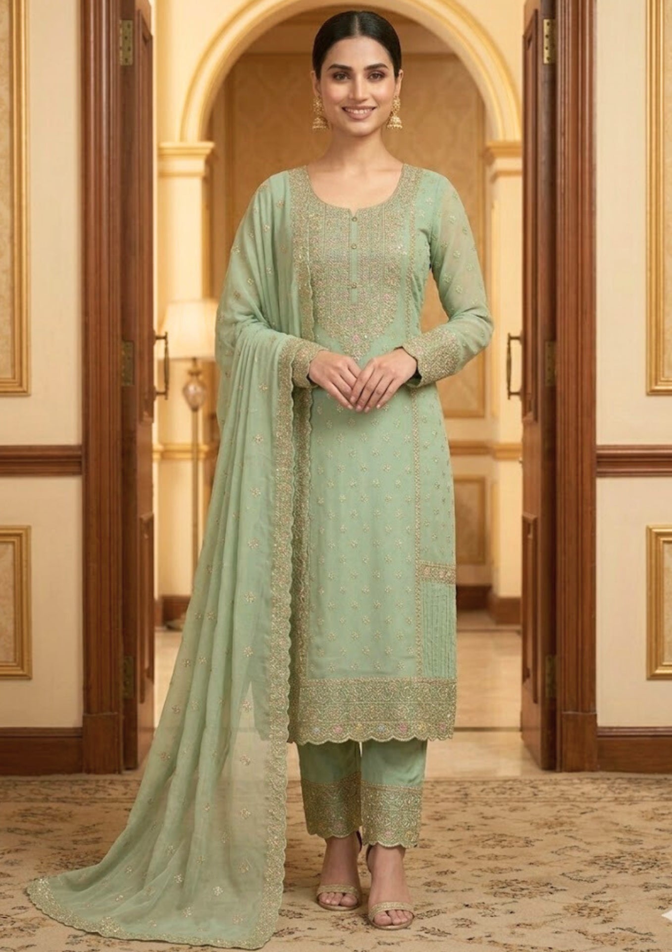 Semi-Stitched Soft Organza In Pastel Aqua With Intricate Multicolour Thread And Sequin Embroidery Suit Material