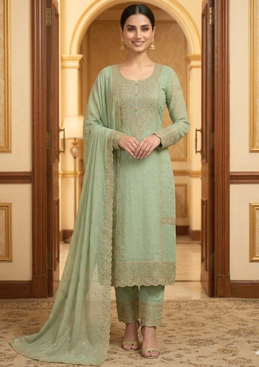 Semi-Stitched Soft Organza In Pastel Aqua With Intricate Multicolour Thread And Sequin Embroidery Suit Material