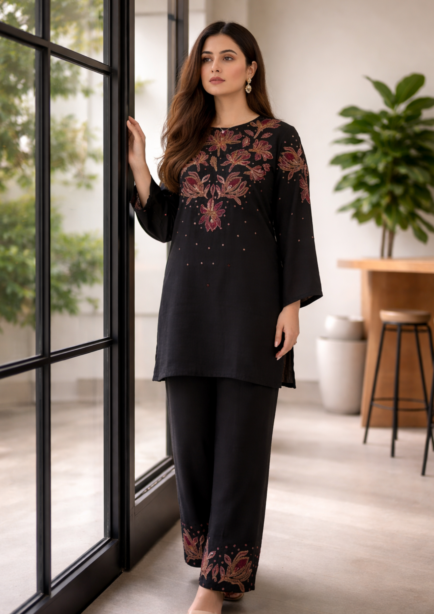 Black Cotton Blend Embroidered Short Kurta With Straight Pant