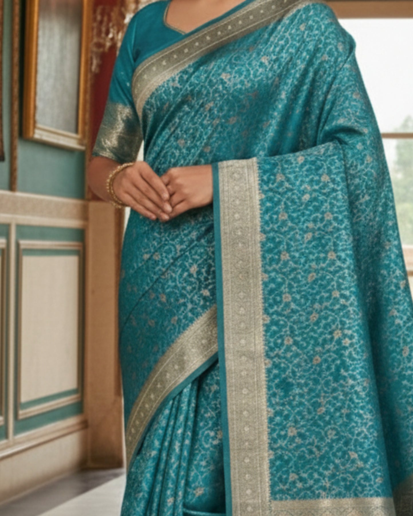 Lagoon Blue With Zari Floral And Paisley Motifs Banarasi Silk Saree