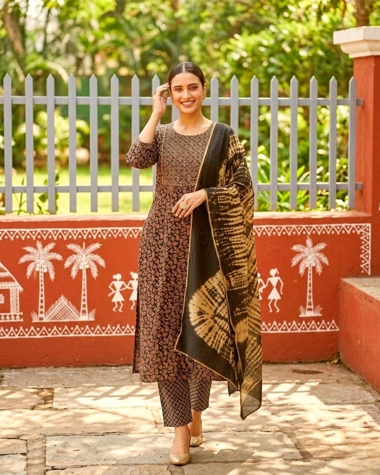 Black Printed Cotton Kurta Set With Tie And Dye Dupatta