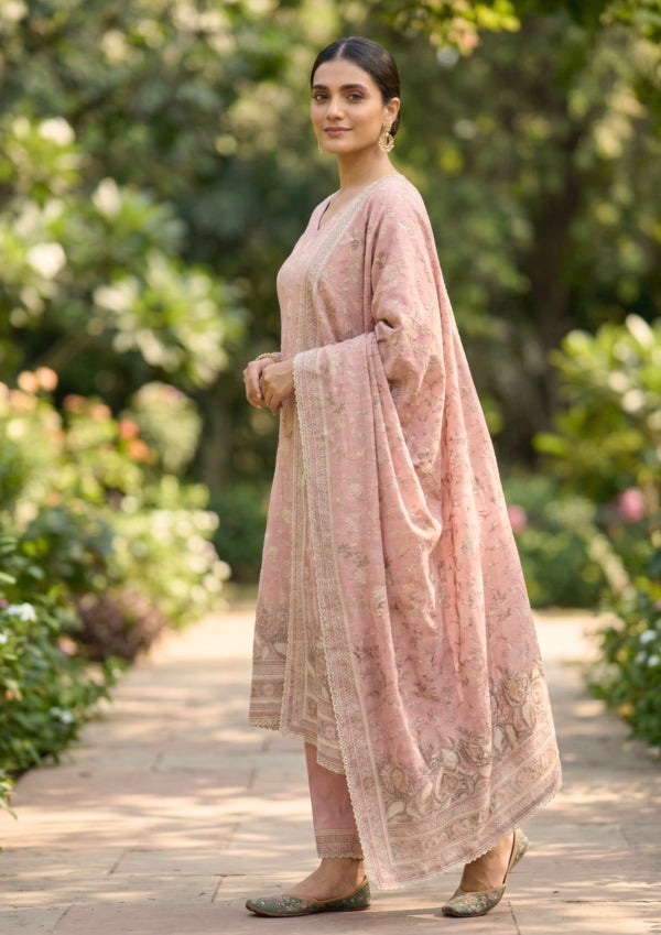 Unstitched Antique Rose Pink Fine Muslin-Cotton Blend With Sequin Accents And Textured Embroidered Suit Material