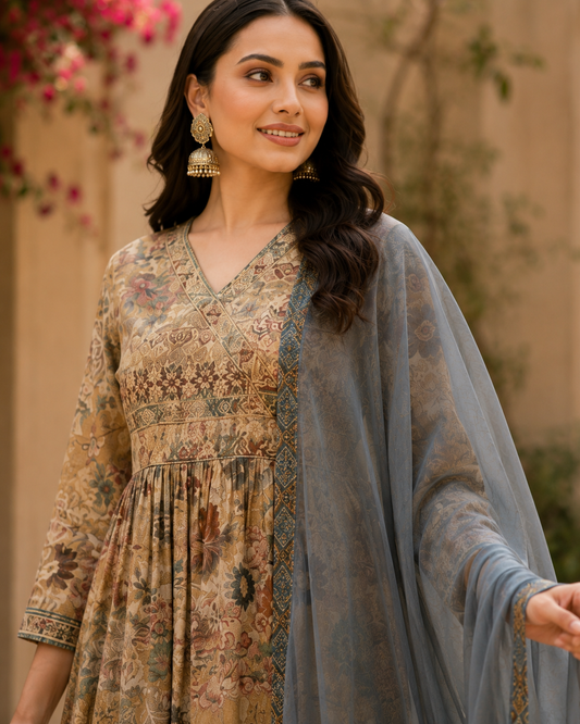 Olive Beige Cotton Blend Floral Kurta Set With Grey Dupatta