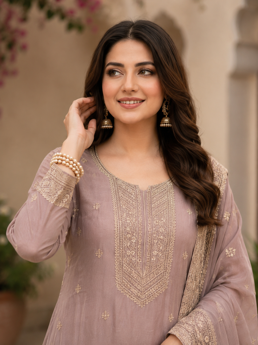 Blush Pink Semi-Stitched Soft Organza Suit Set With Dupatta