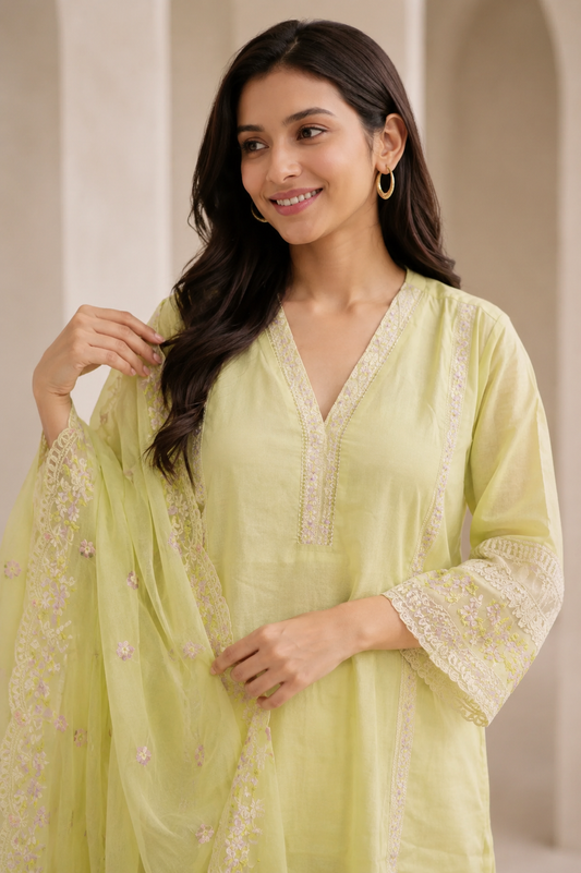 Pastel green silk embroidered kurta pant set with dupatta