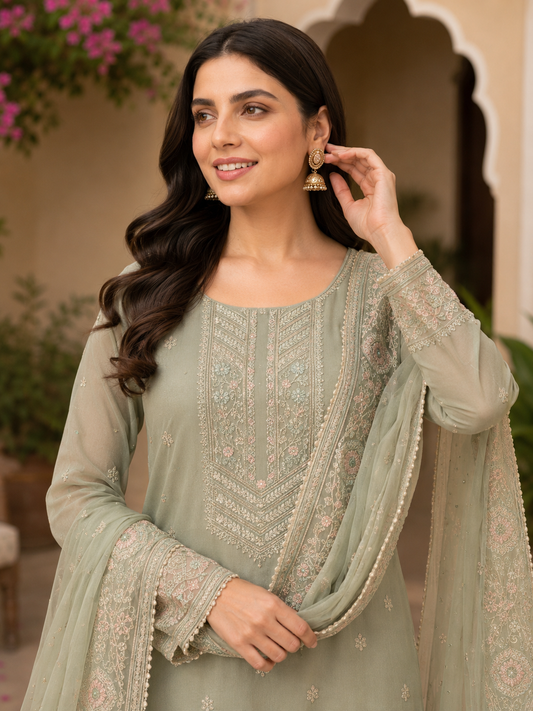 Muted Grey Semi-Stitched Organza With Floral Embroidery Suit Set With Dupatta