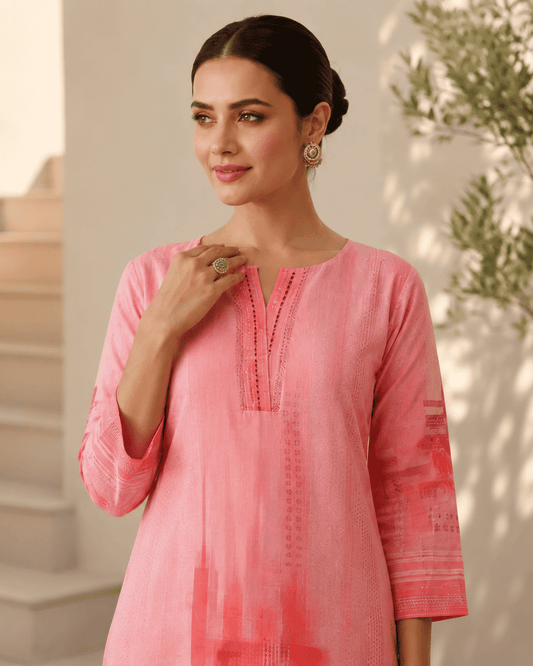 Peach Digital Printed Cotton Kurta Pant Set