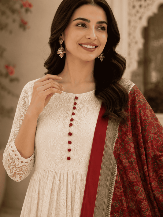 White Chikankari Kurta Pant With Red Printed Dupatta