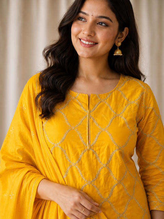 Mustard yellow cotton silk kurta set with embroidered dupatta