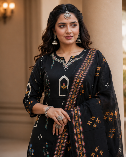 Black Printed Cotton Kurta Pant With Dupatta