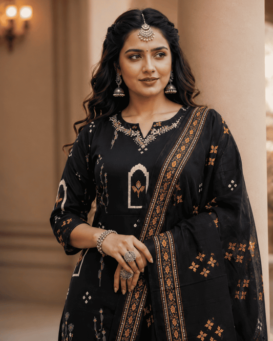 Black Printed Cotton Kurta Pant With Dupatta