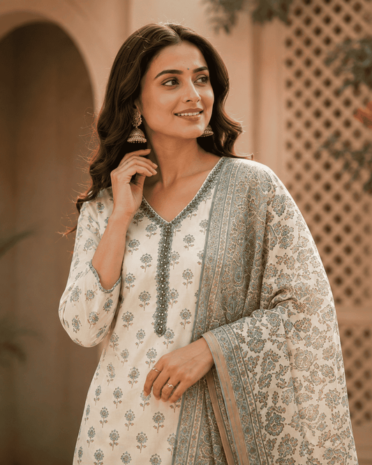 Ivory Cotton Kurta Set With Teal Bagru Print Paired With The Dupatta