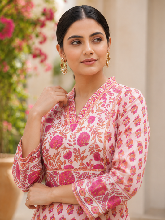 Ivory With Pink Florals Cotton Kurta