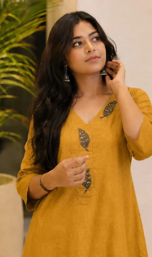 Mustard Embroidered Dola Silk Kurta Pant Set