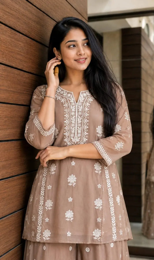 Beige Mul Chanderi White Thread Embroidered Kurta Pant Set
