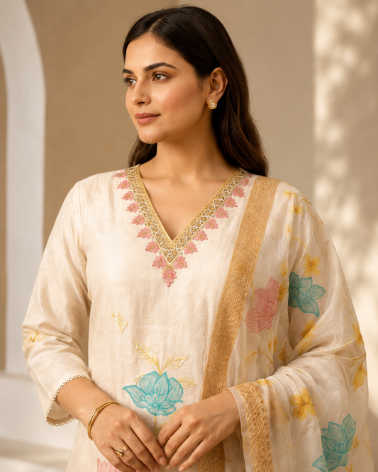 White With Delicate Pink And Blue Floral Patchwork Cotton Kurta Set With Organza Dupatta
