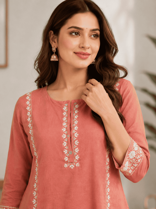 Peach cotton aari embroidered kurta with white cotton pant set