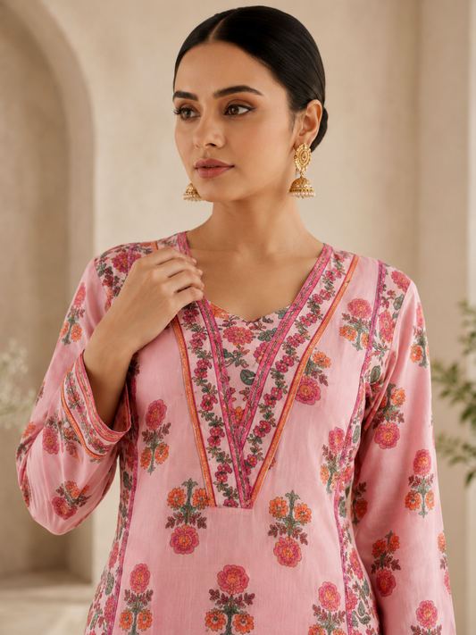 Pink Floral Cotton Kurta Pant Set