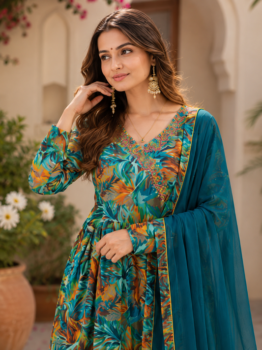 Cotton Mix Tropical Print Suit Set With Dupatta