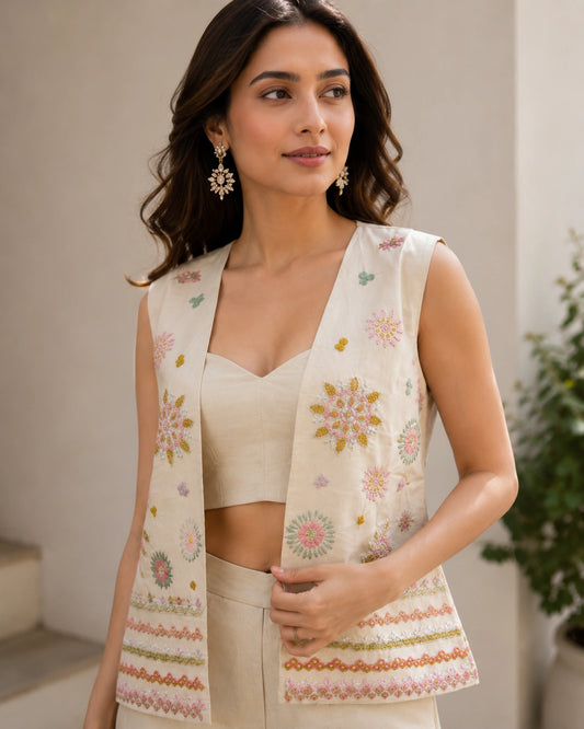 Ivory Roman silk embroidered blouse pant with jacket